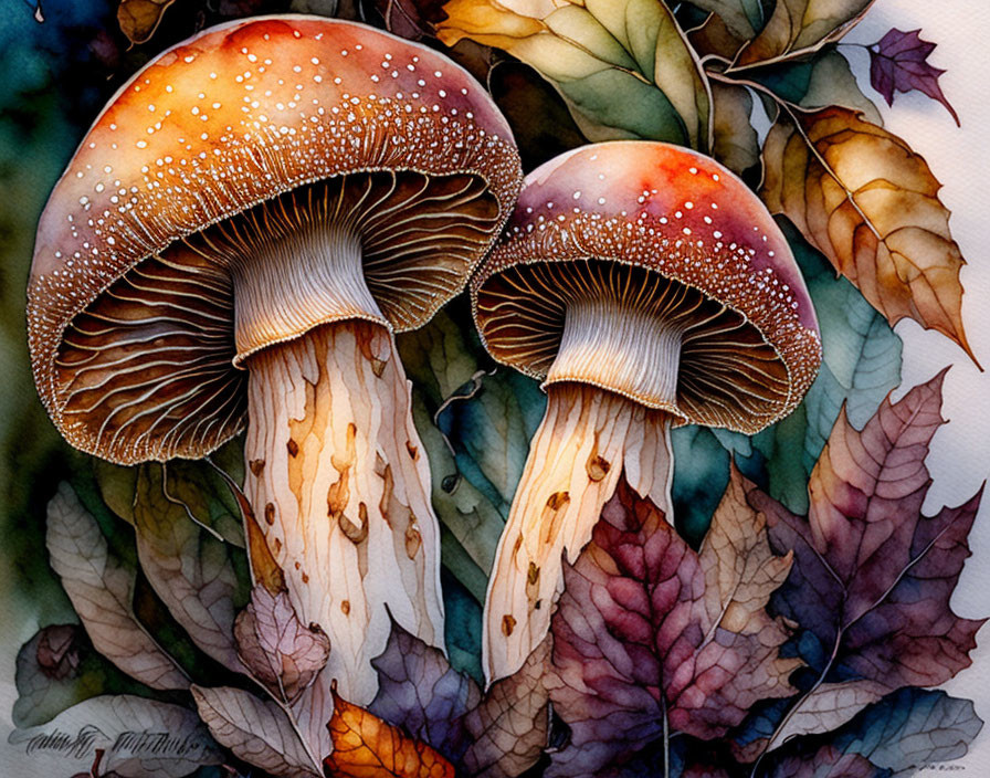 Detailed Watercolor Mushrooms in Warm Tones on Autumn Leaves