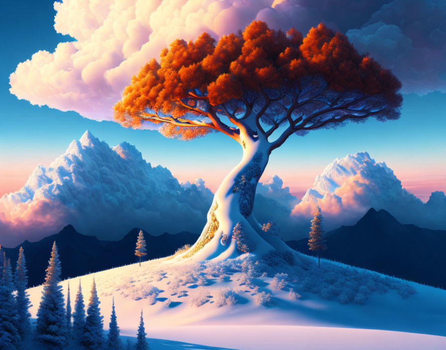 Fiery orange tree against snowy hill and blue mountains