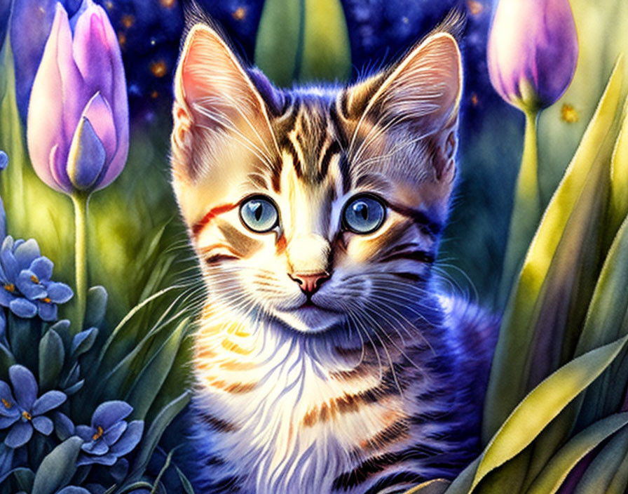 Colorful tabby kitten in flower garden under starry night sky