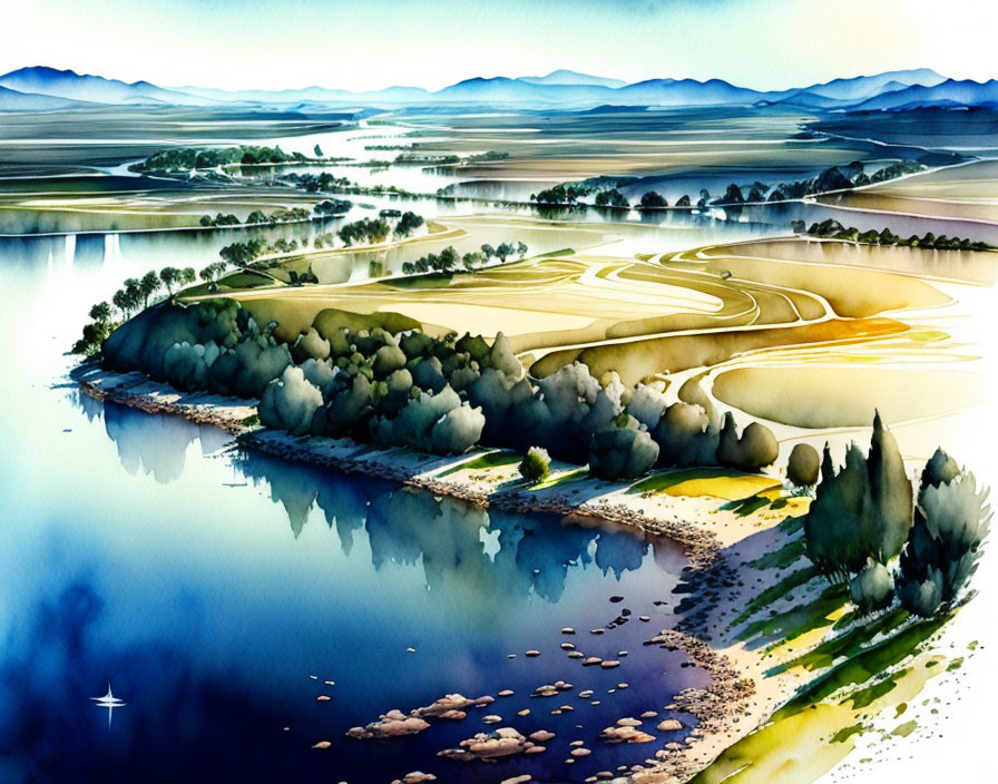 Colorful Watercolor Landscape: Reflective Waters, Rolling Hills, Trees, Blue Sky