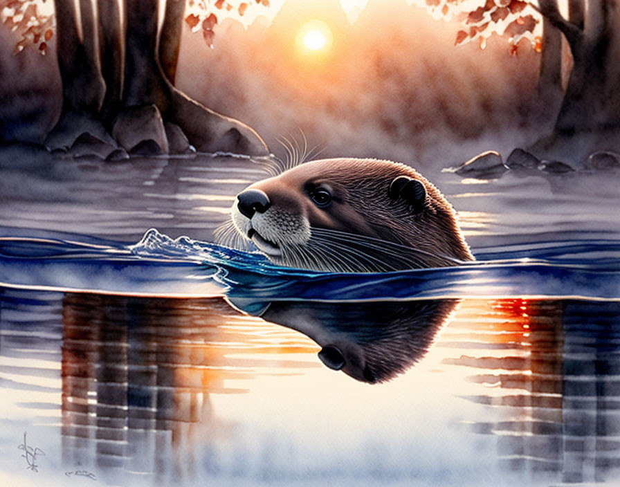 Otter swimming in tranquil waters at sunset with trees reflecting