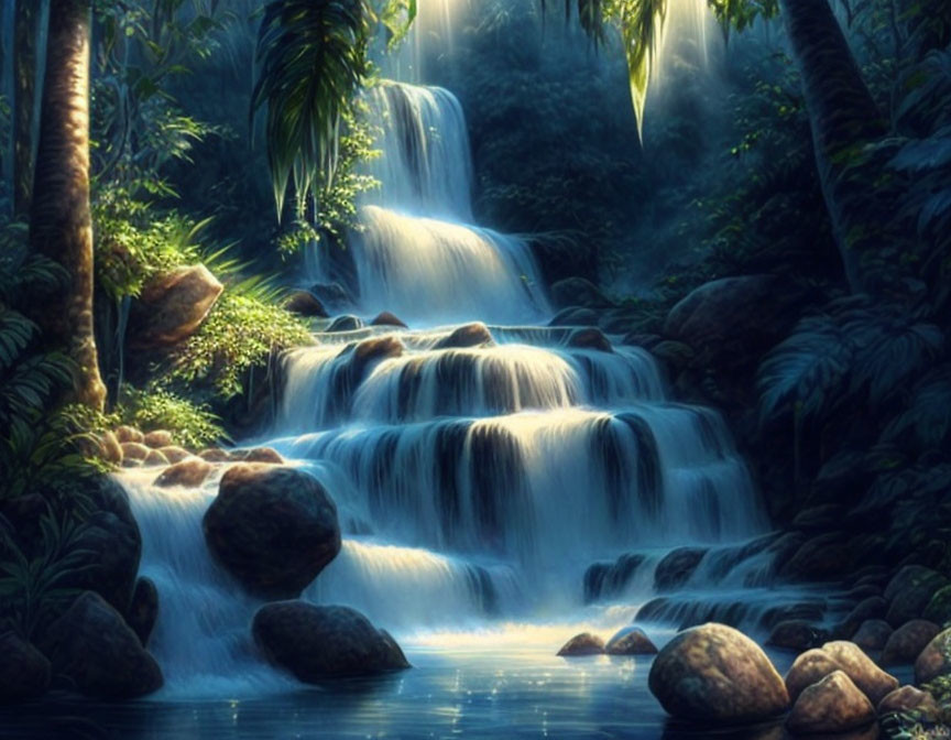 Tranquil jungle waterfalls with sunlight and mist