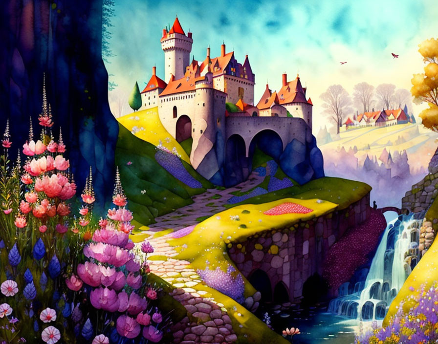 Colorful illustration of vibrant castle, waterfall, bridge, flora, village, under colorful sky