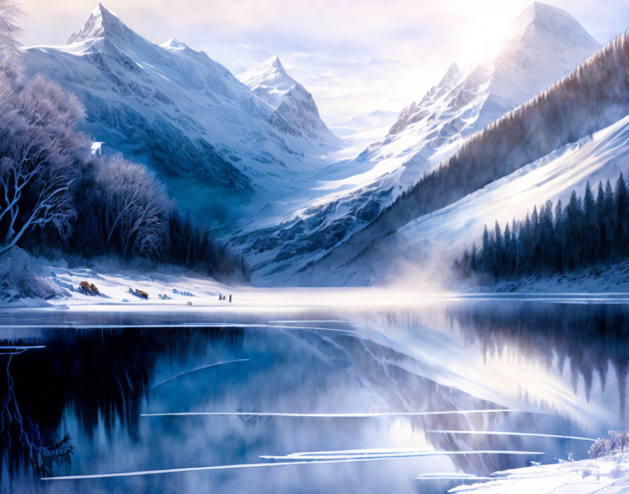 Snow-capped mountain range reflected in calm lake