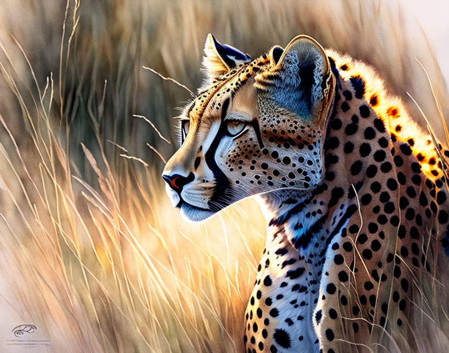 Spotted cheetah in golden grass under warm sunlight