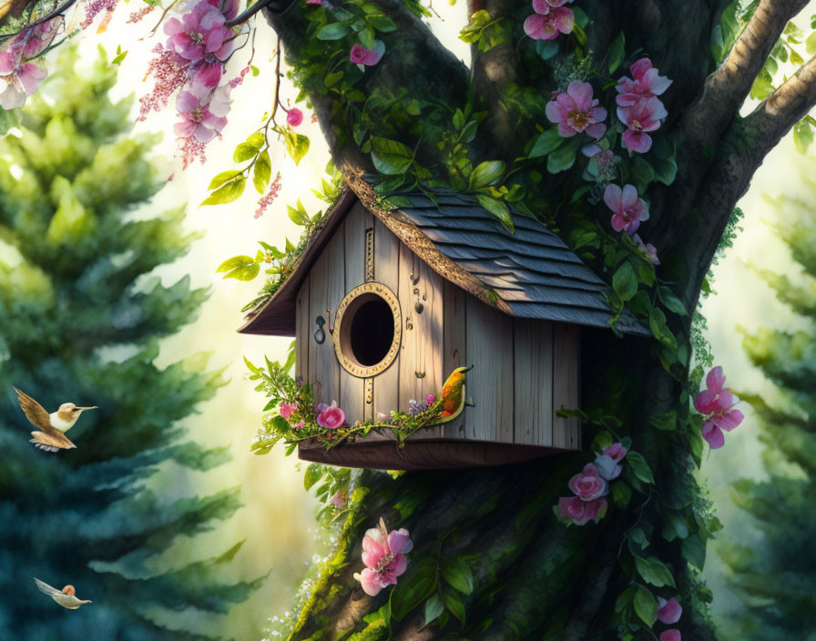 Birdhouse on Tree Trunk with Pink Blossoms and Forest Background