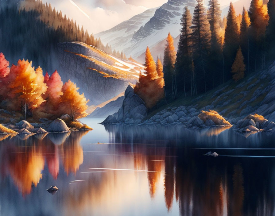 Tranquil autumn lake with snow-capped mountains and sunset reflections