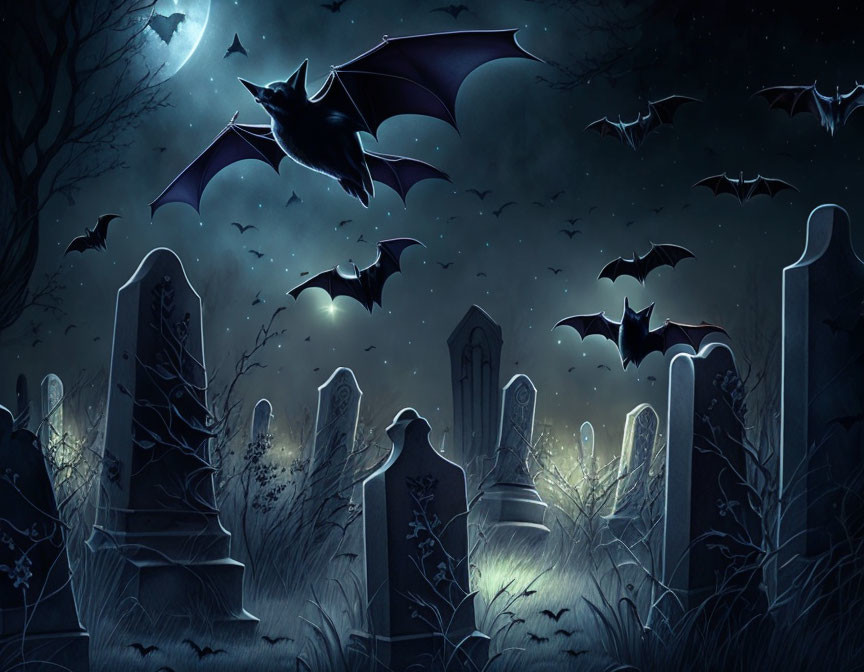 Moonlit graveyard scene with bats flying over misty tombstones.