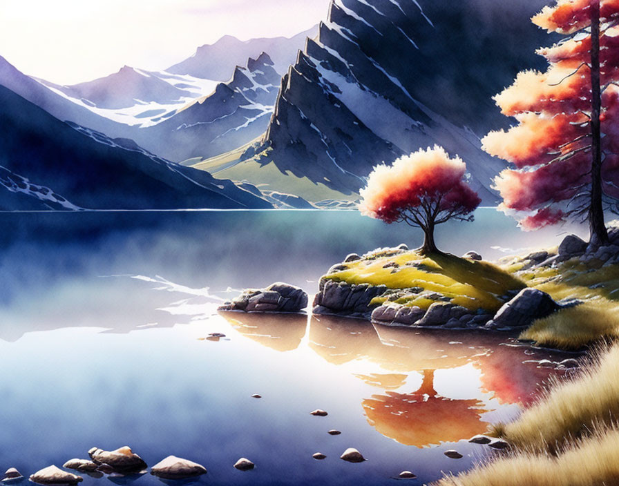 Scenic Mountain Lake with Colorful Trees and Snow-Capped Peaks