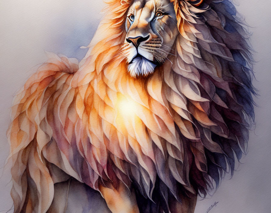 Colorful lion watercolor painting with detailed mane in brown, orange, and yellow.