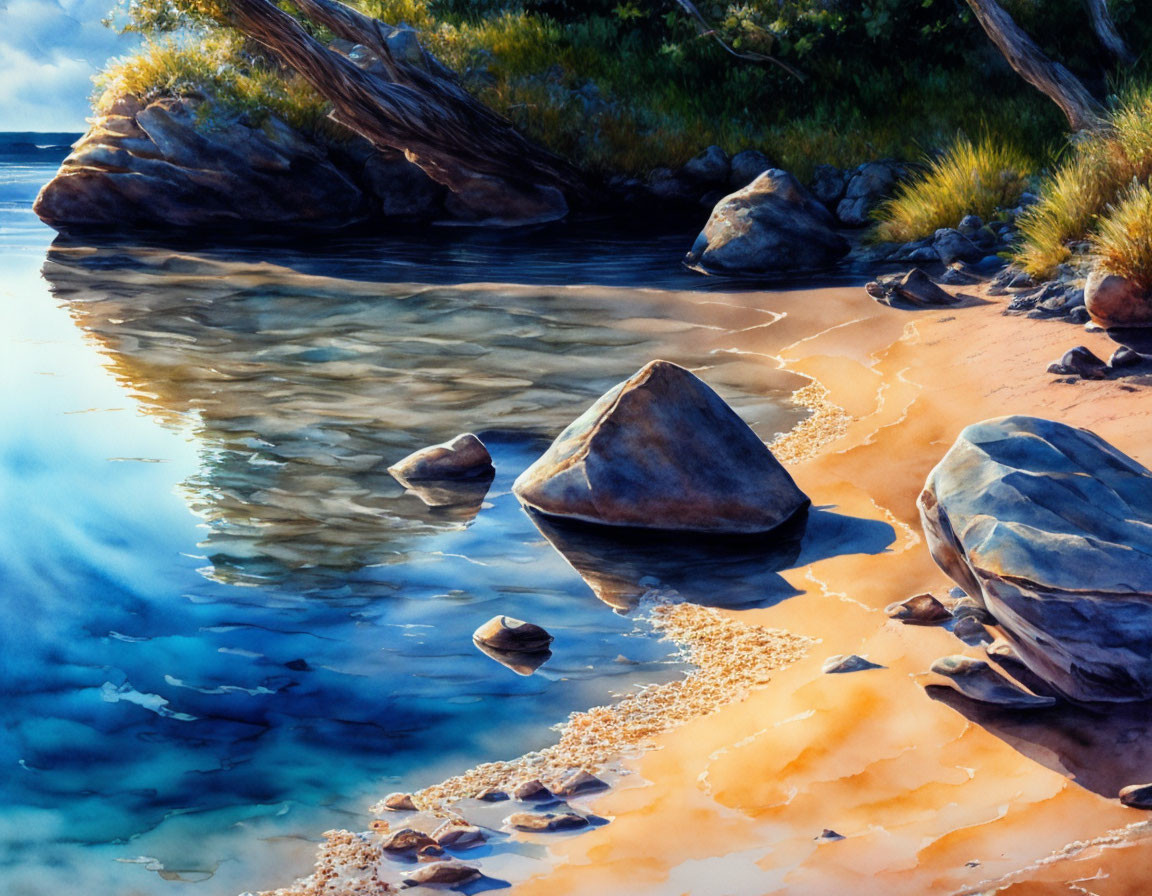 Serene riverside landscape with blue waters, pebbles, sandy shore, and lush greenery