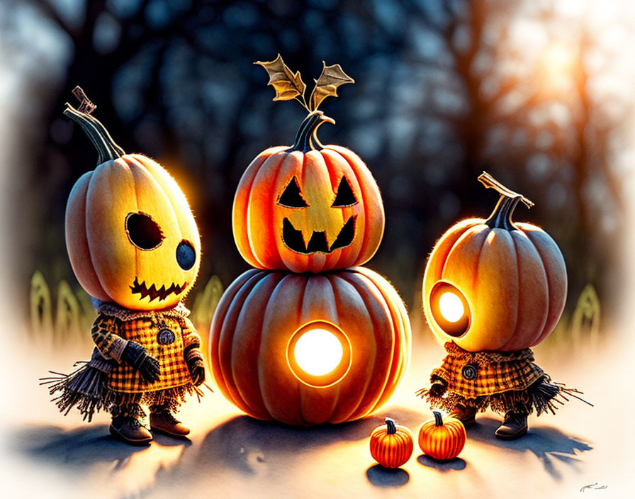 Cartoon Pumpkin Figures with Glowing Eyes in Nighttime Setting