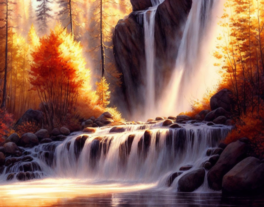 Tranquil autumn forest waterfall with golden foliage