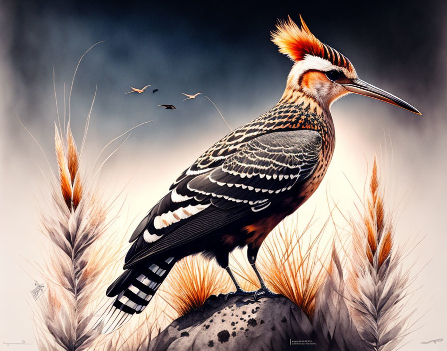 Vibrant Hoopoe Bird Illustration on Rock with Flying Birds