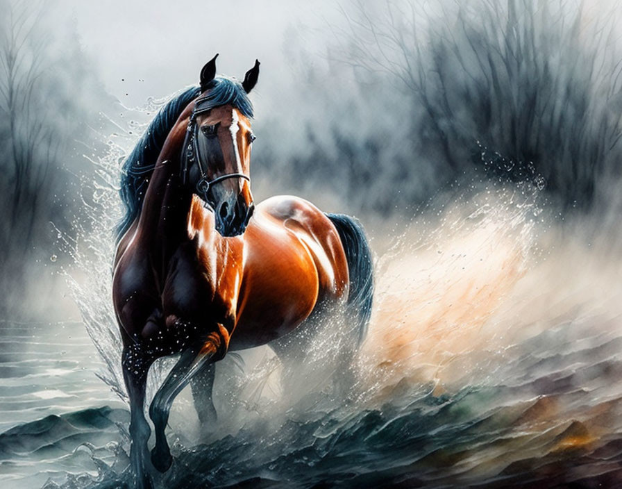 Majestic brown horse galloping through water with splashes in misty backdrop