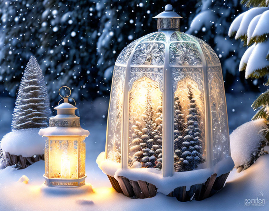 Snowy Lantern Scene with Candle-Lit and Dome-Shaped Lanterns