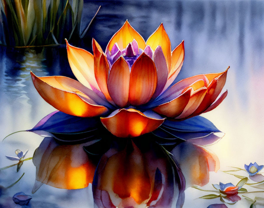 Colorful Watercolor Painting of Lotus Flower Reflection in Serene Water