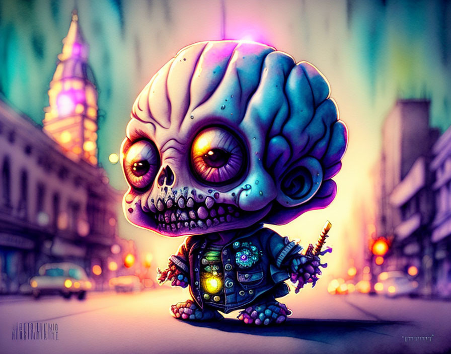 Stylized large-headed creature in urban setting with colorful buildings