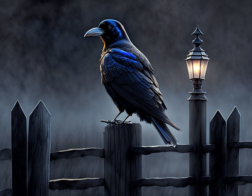 Blue raven on weathered fence post at dusk with street lamp in background