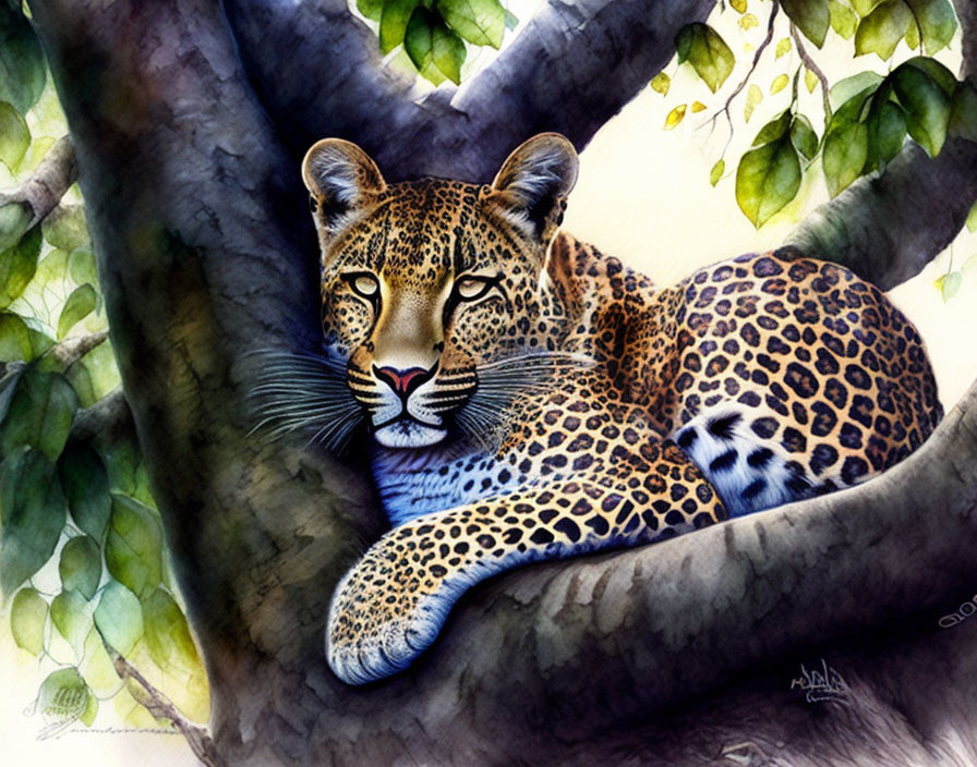 Graceful Leopard Resting Among Tree Branches