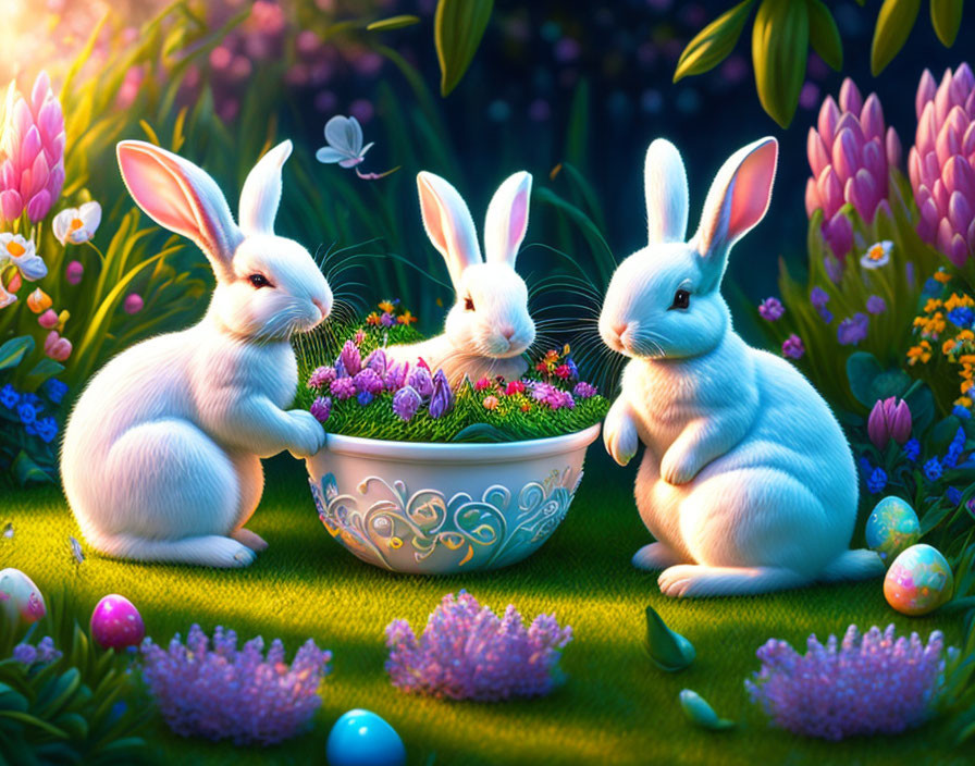 Three animated rabbits with colorful eggs and flowers in lush twilight setting