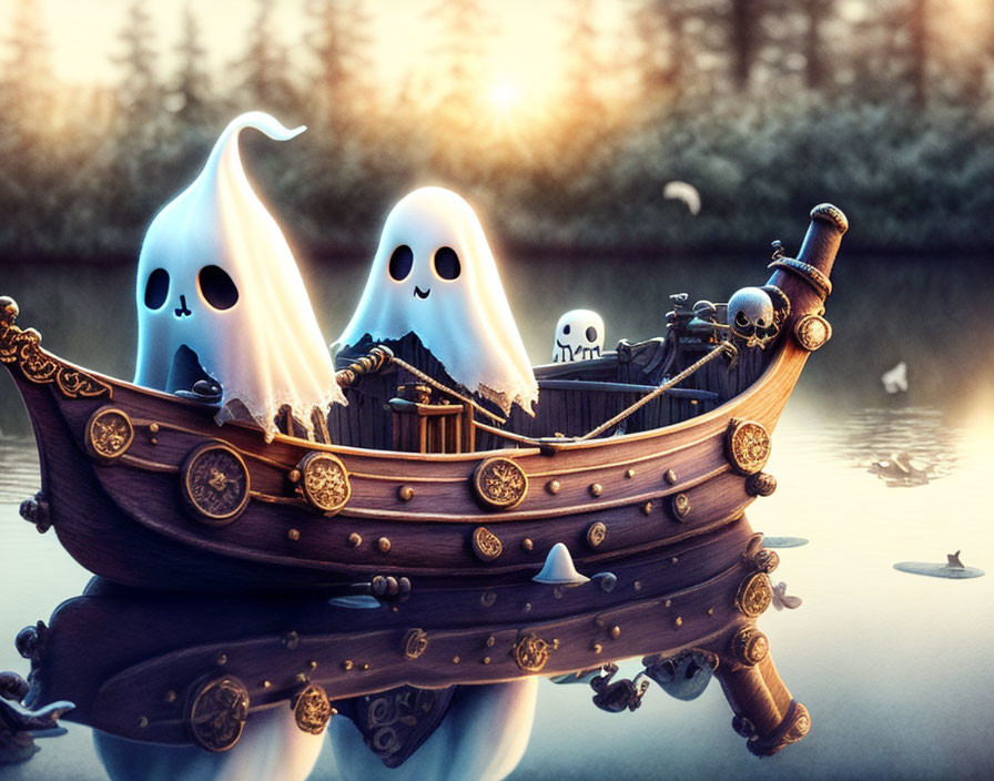 Three Cute Ghosts on Decorative Boat Floating on Tranquil Water at Dusk