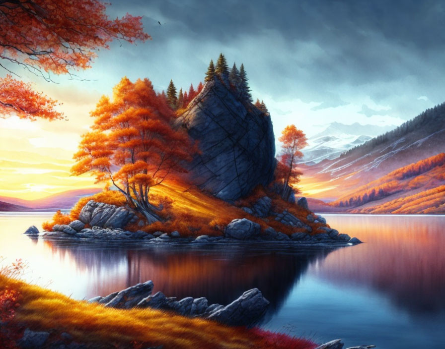 Autumn landscape: rocky island, orange trees, misty mountains.