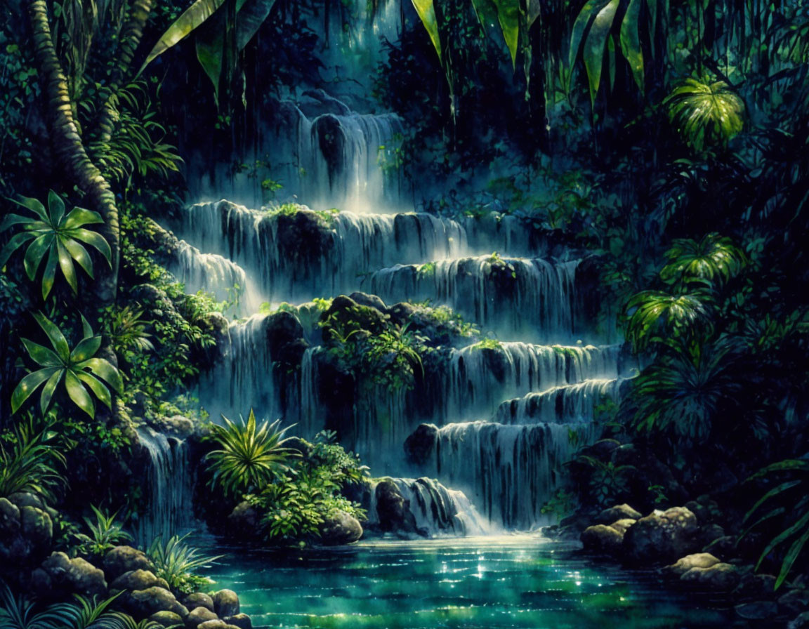 Tropical waterfall surrounded by lush greenery and moonlit pond