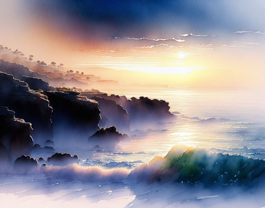 Tranquil coastal sunset watercolor with layered cliffs