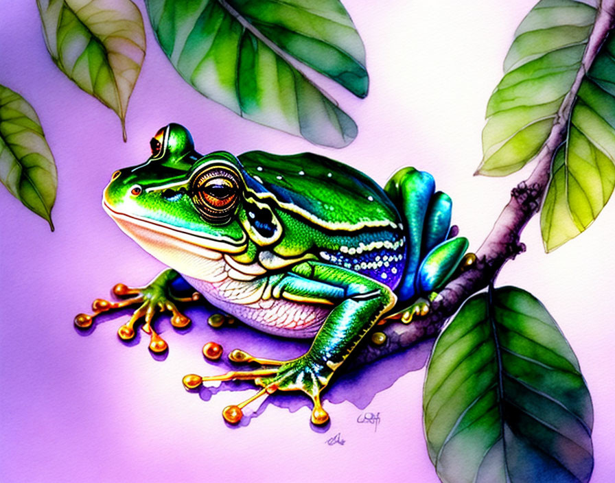 Vibrant green frog on branch in colorful illustration