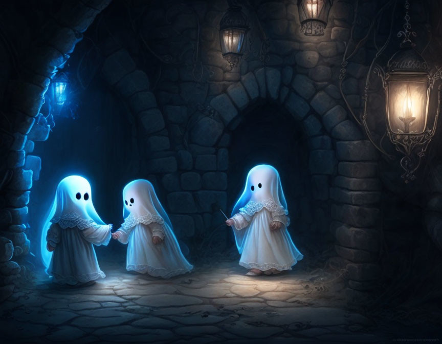 Cartoon ghosts holding hands in cobblestone alley with lanterns and magical light