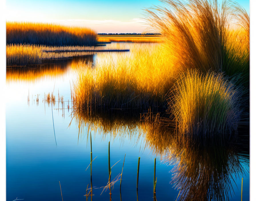 Tranquil wetland sunset with golden reeds reflected in water