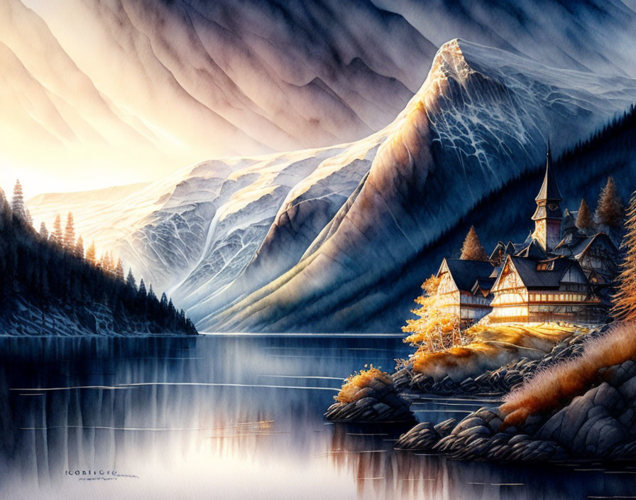 Autumn lakeside view with church, snowy mountains, and golden twilight.