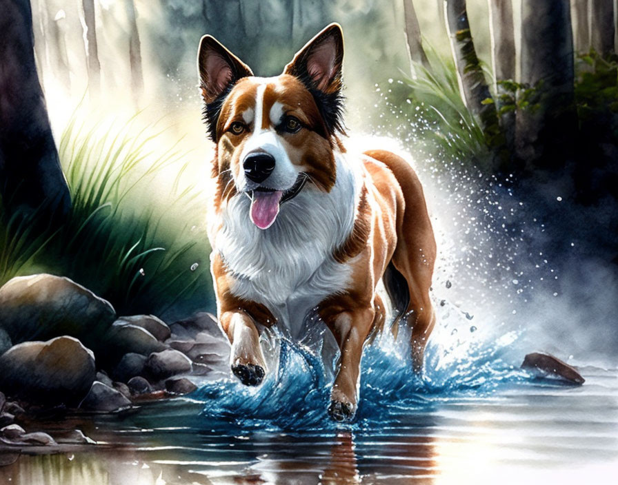 Tricolor dog wading in water with splashes in serene forest