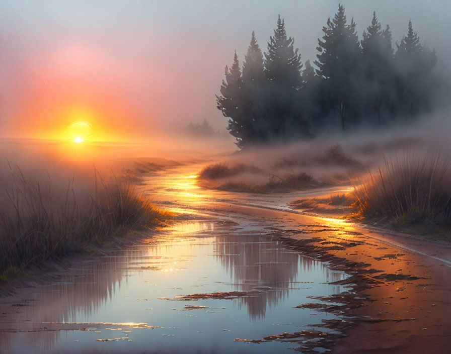 Tranquil sunset scene with golden reflections in puddles on muddy path