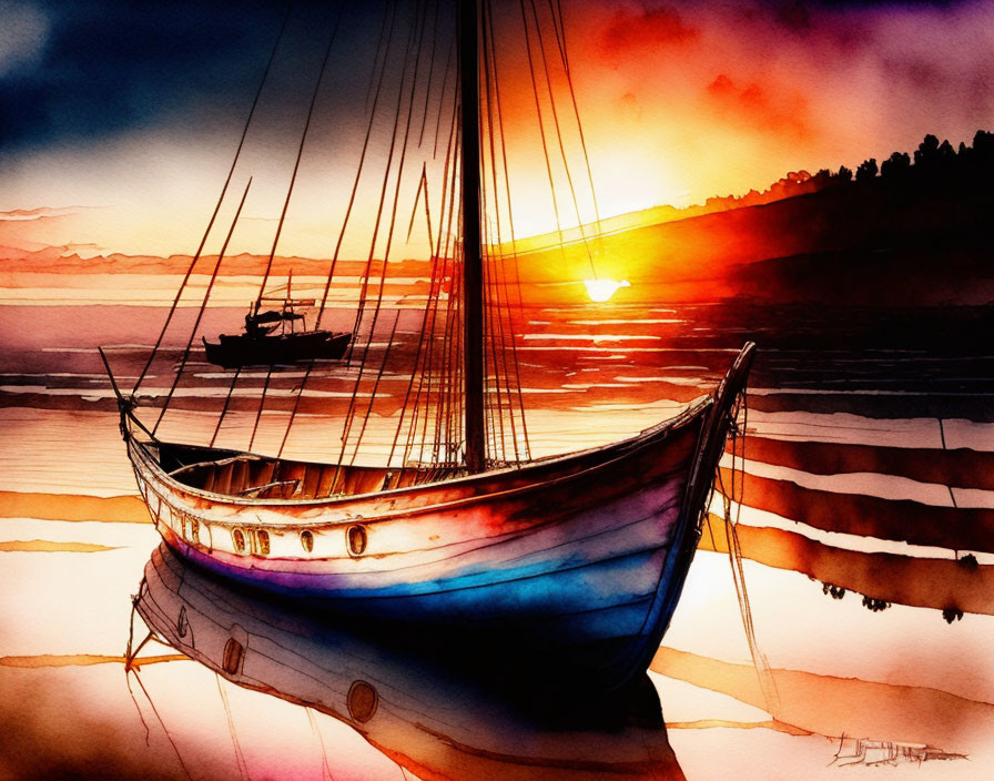 Serene sunset at sea with boats in vibrant watercolor