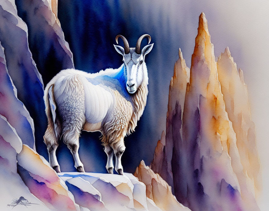 Majestic mountain goat on rocky ledge with blue and purple background