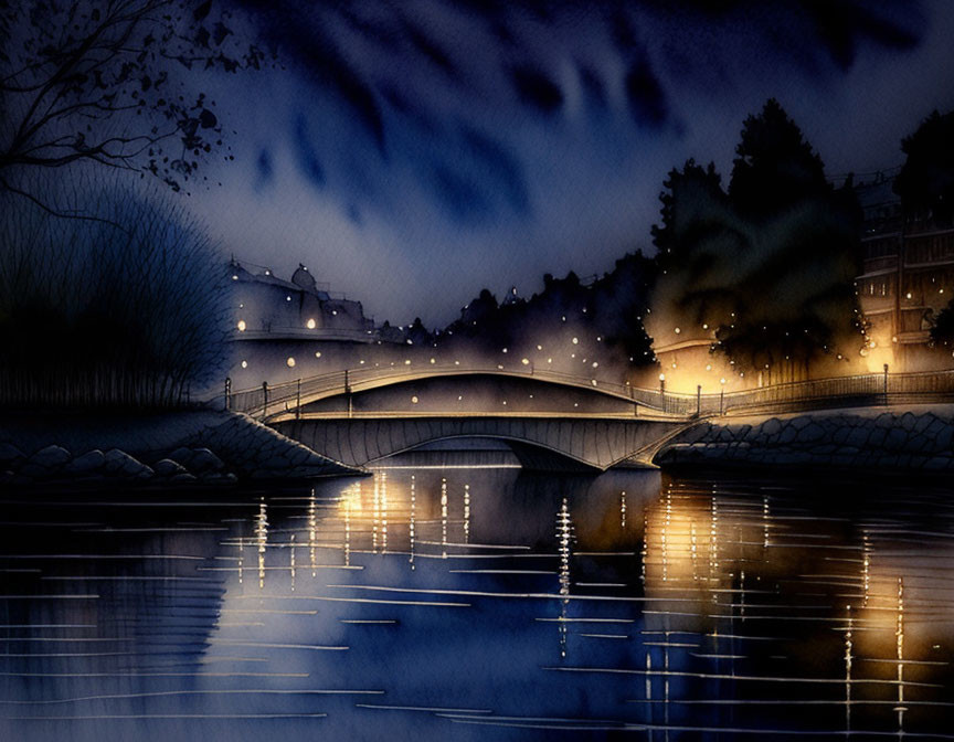 Nocturnal watercolor scene: lit bridge, calm waters, dark blue sky.