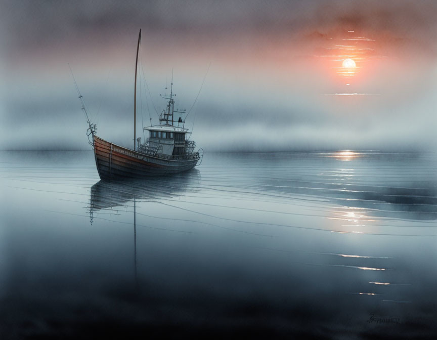 Serene misty sunrise over calm water with fishing boat