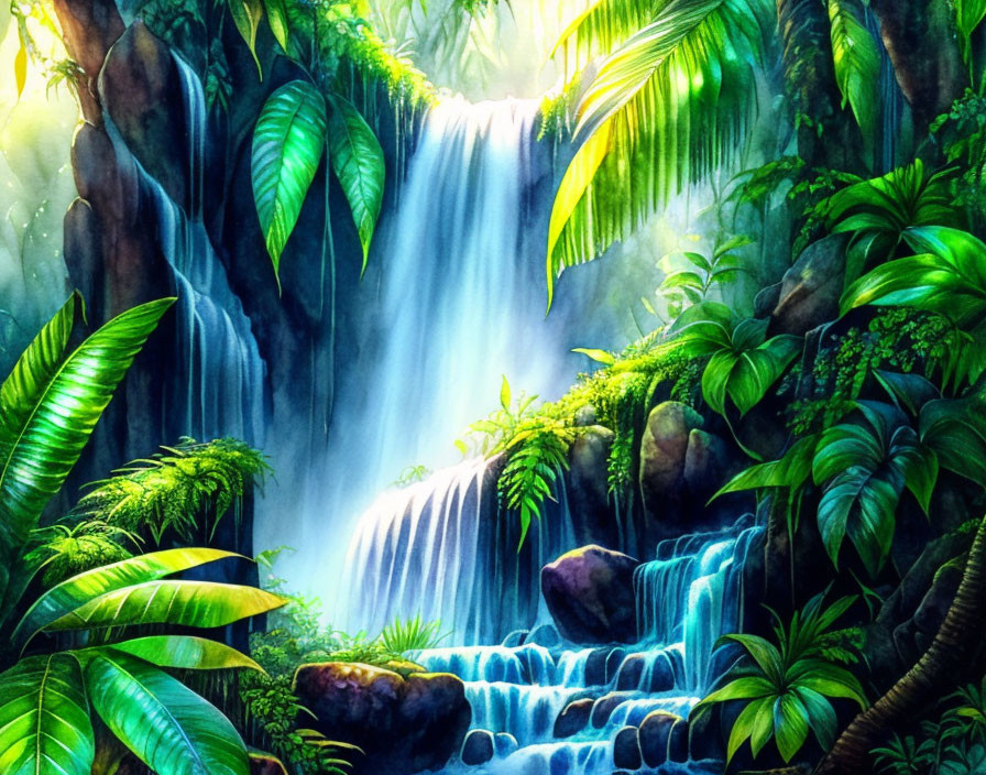 Tropical waterfall with blue pools and lush green foliage