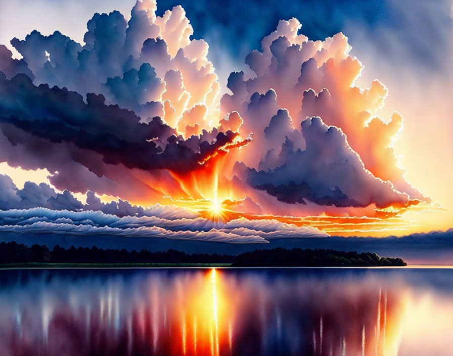 Vibrant sunset reflected on calm lake with fiery clouds - symmetrical colors