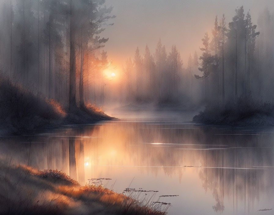 Misty Forest Sunrise Scene with Calm Water and Silhouetted Trees