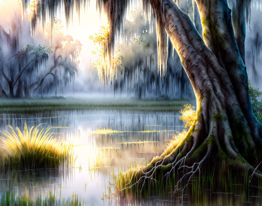 Tranquil swamp landscape with twisted tree and sunbeams piercing through mist