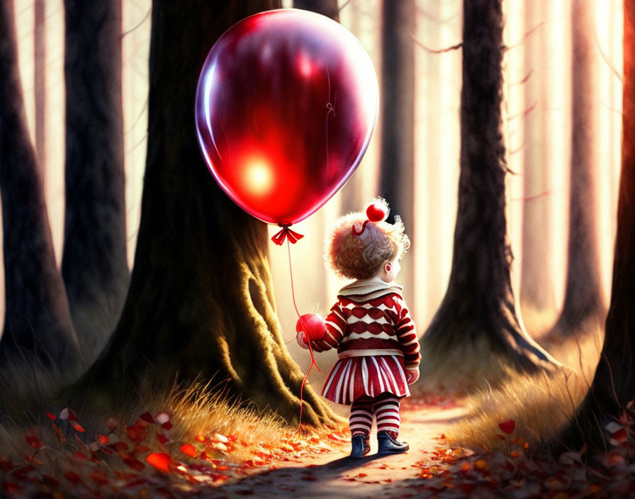 Child in Striped Outfit with Red Balloon in Autumn Forest