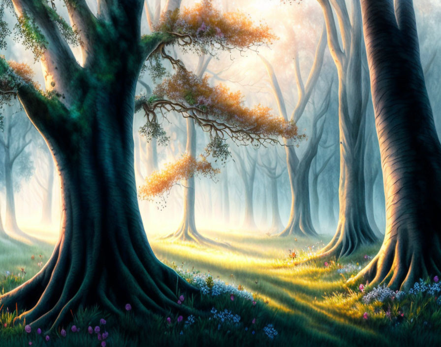 Serene forest scene with large trees and wildflowers