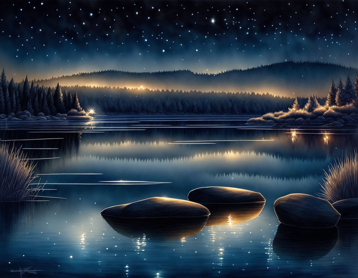 Tranquil Nighttime Landscape with Starry Sky and Lake Reflection