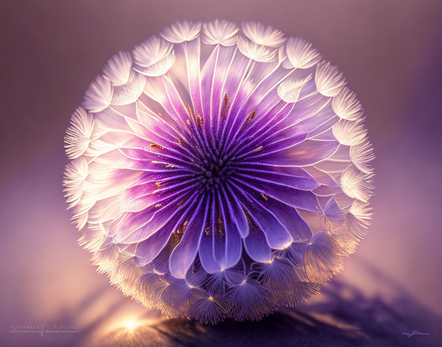 Spherical digital artwork with delicate feather-like elements in white to purple palette