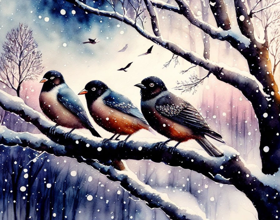 Three birds on snowy branch in winter scene