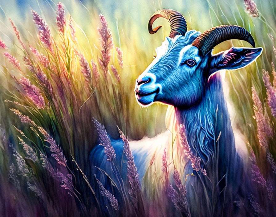 Colorful Goat Illustration in Vibrant Grassland Landscape