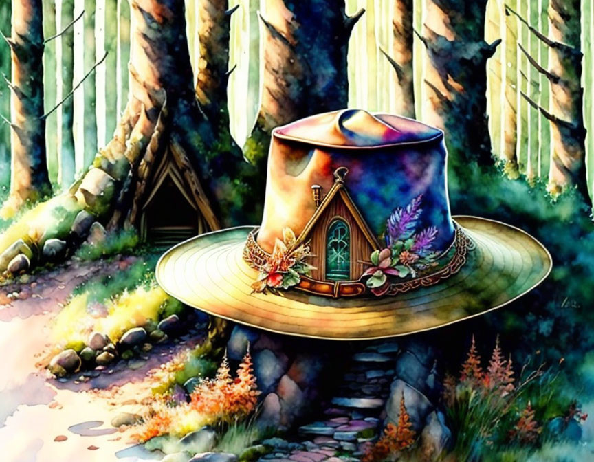 Colorful hat-shaped house drawing with flowers and forest backdrop